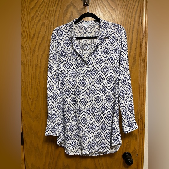 4OUR DREAMERS MEDIUM blue & white Buttoned blouse, LINEN blend - EUC - Picture 1 of 6